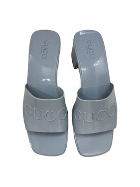 Gucci Light Gray Patent Logo Slide Mules